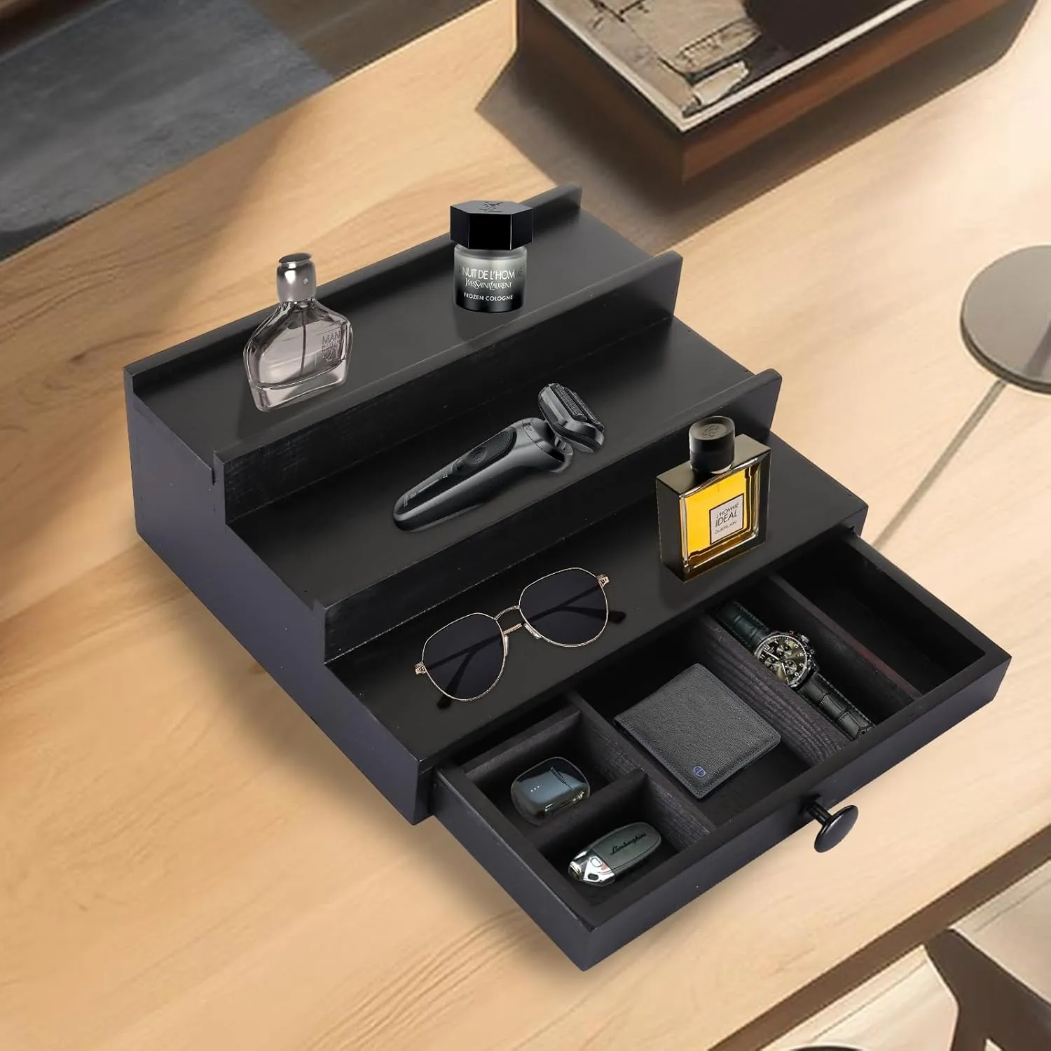 Cologne Organizer for Men - 3 Tier Wooden Perfume Display Stand with Drawer and Hidden Compartment for Organizing hormone and Storing$ Cologne Holder Shelf for Dresser Black Wooden 