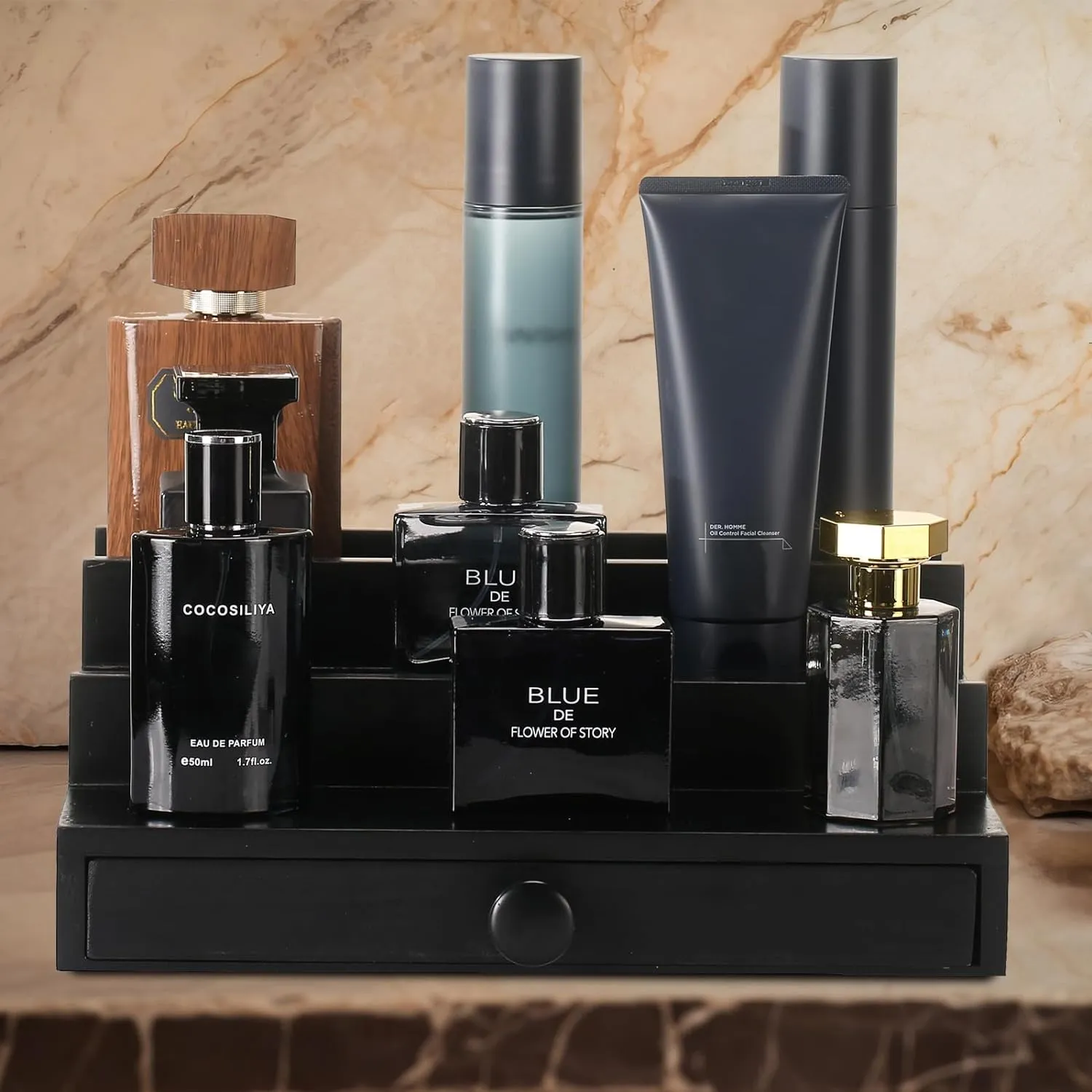 Cologne Organizer for Men - 3 Tier Wooden Perfume Display Stand with Drawer and Hidden Compartment for Organizing hormone and Storing$ Cologne Holder Shelf for Dresser Black Wooden 