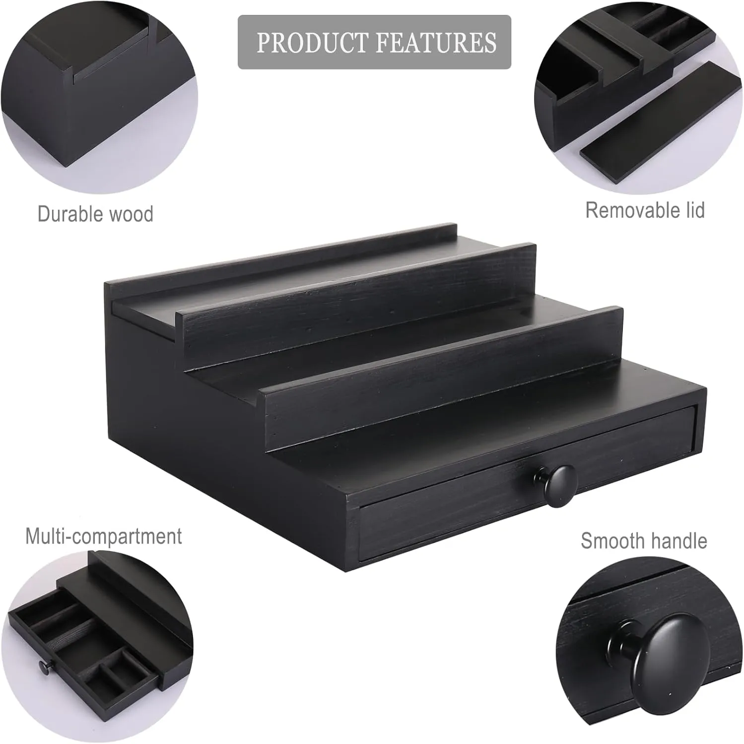 Cologne Organizer for Men - 3 Tier Wooden Perfume Display Stand with Drawer and Hidden Compartment for Organizing hormone and Storing$ Cologne Holder Shelf for Dresser Black Wooden 