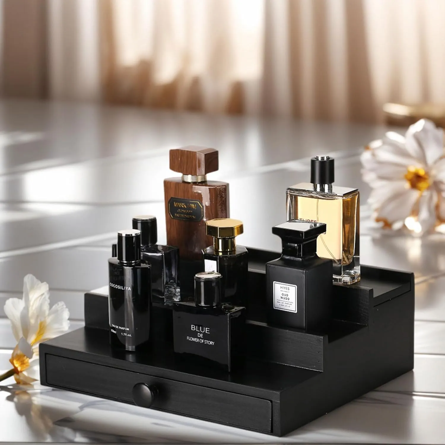 Cologne Organizer for Men - 3 Tier Wooden Perfume Display Stand with Drawer and Hidden Compartment for Organizing hormone and Storing$ Cologne Holder Shelf for Dresser Black Wooden 