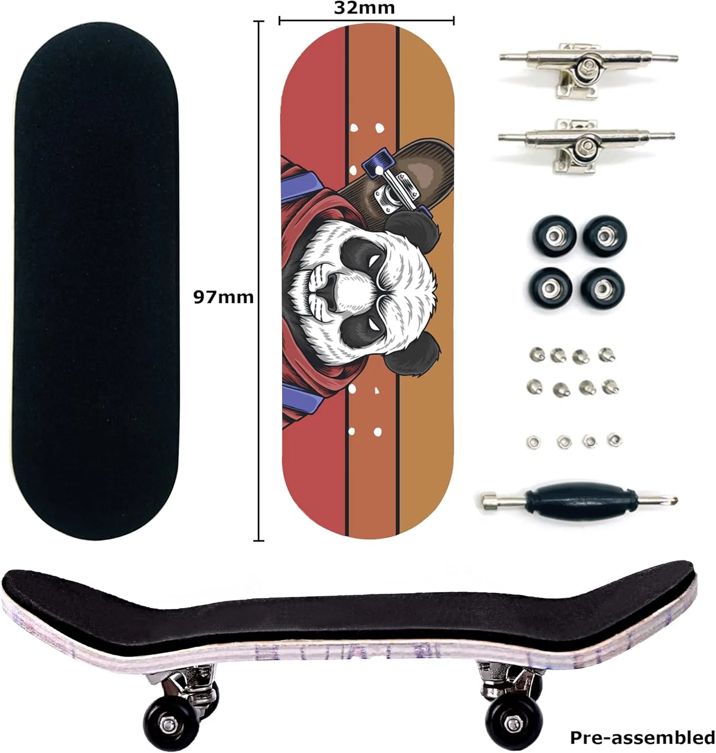 Complete Wooden Fingerboard 32/34mm 5-Ply Maple Finger Skateboard with Upgraded monument Components (SK-Panda) Professional 