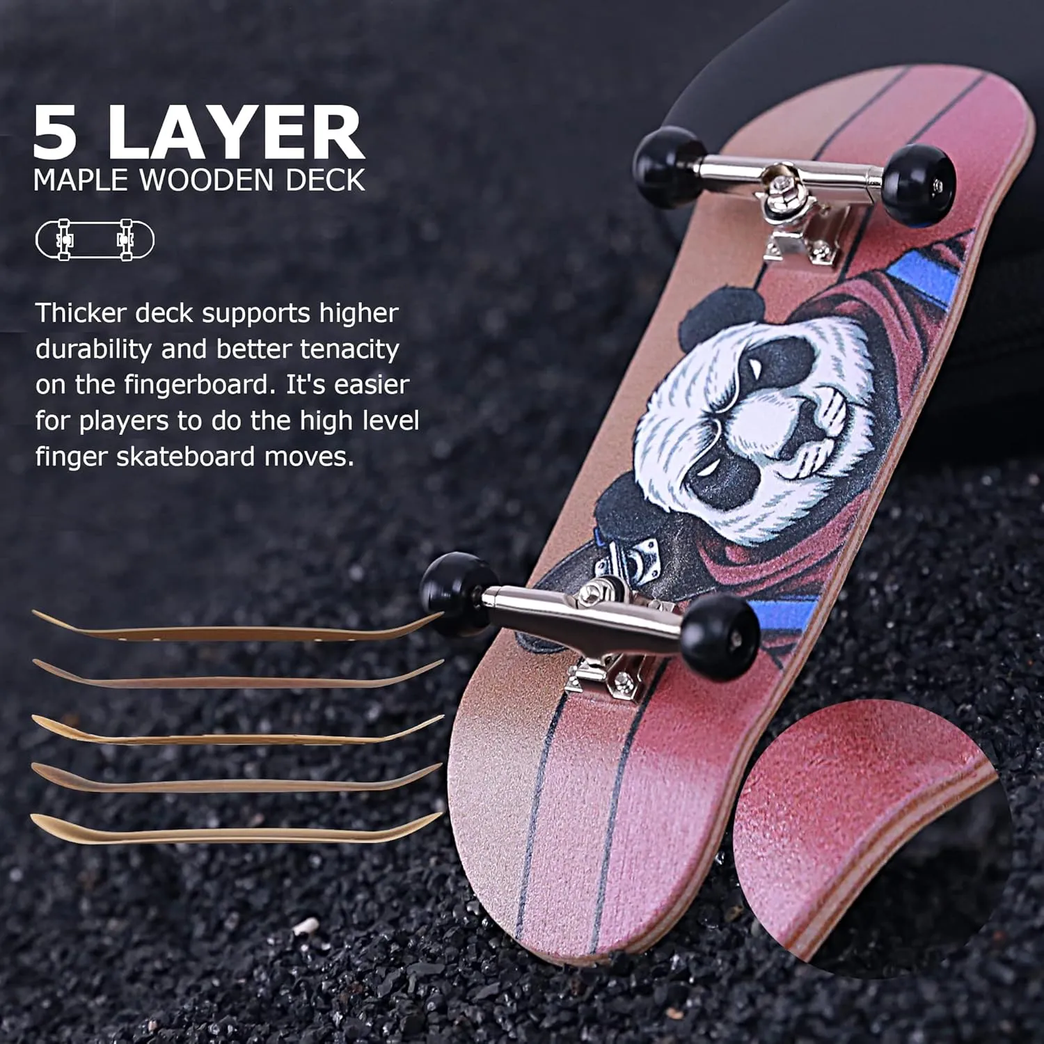 Complete Wooden Fingerboard 32/34mm 5-Ply Maple Finger Skateboard with Upgraded monument Components (SK-Panda) Professional 
