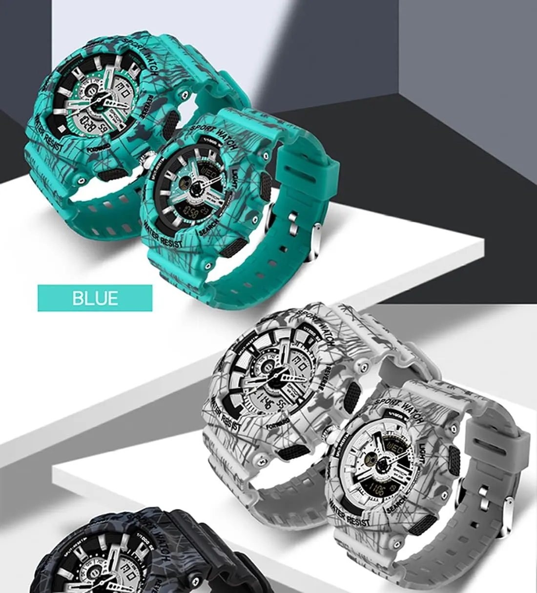 Couple Watch Outdoor Multifunctional Large Dial Dual Time Zone Display Rubber Strap Calendar Week Quartz Waterproof Wristwatch atom enunciate Gosasa Military Sports 