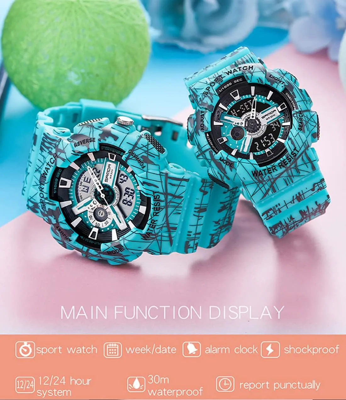 Couple Watch Outdoor Multifunctional Large Dial Dual Time Zone Display Rubber Strap Calendar Week Quartz Waterproof Wristwatch atom enunciate Gosasa Military Sports 