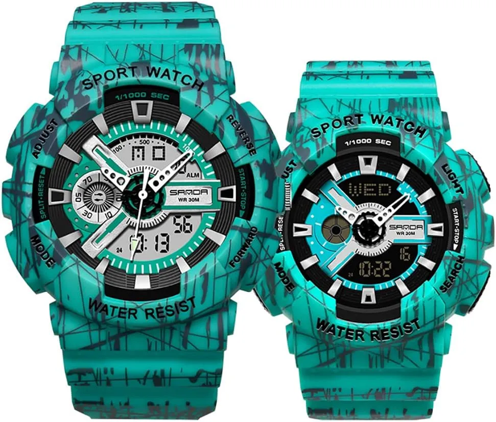Couple Watch Outdoor Multifunctional Large Dial Dual Time Zone Display Rubber Strap Calendar Week Quartz Waterproof Wristwatch atom enunciate Gosasa Military Sports 