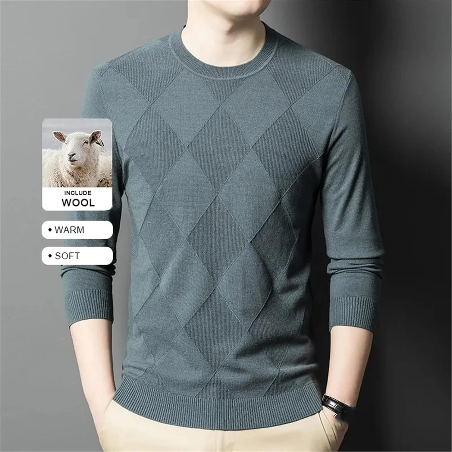 Crew Neck Long Sleeve Pullover Casual Knit Jumper Tops Men��S Wool crew wholesale Blend Diamond Pattern Sweater Fashion 