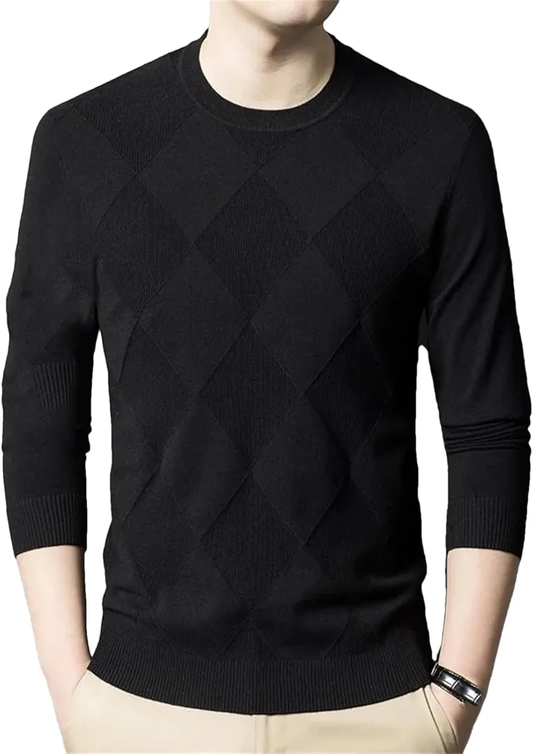 Crew Neck Long Sleeve Pullover Casual Knit Jumper Tops Men��S Wool crew wholesale Blend Diamond Pattern Sweater Fashion 
