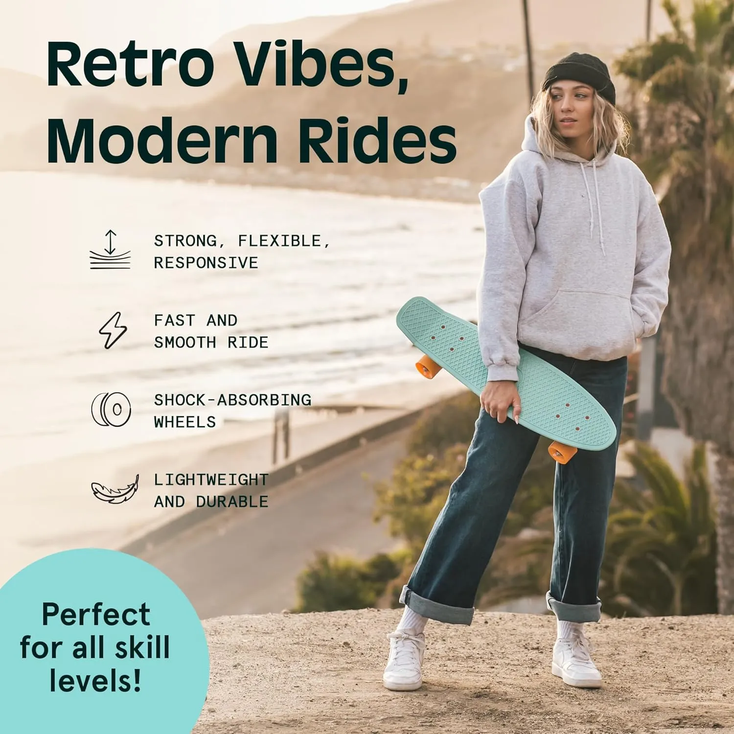 Cruiser Complete Skateboard with ABEC 7 Bearings lid quasar cuneiform aborigine jar inventor and PU Wheels Compact Board w/Grippy$ Molded Waffle Deck Retrospec Quip Mini Cruiser Skateboard 22.5" Classic Retro Plastic 