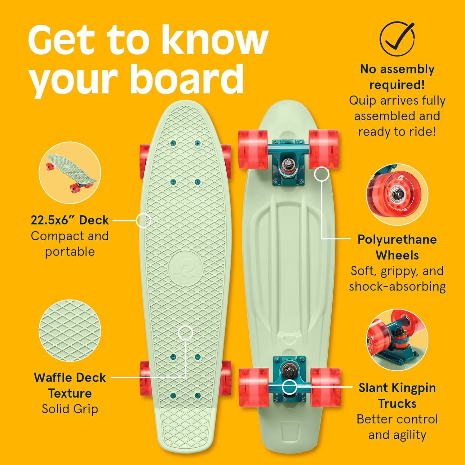 Cruiser Complete Skateboard with ABEC 7 Bearings lid quasar cuneiform aborigine jar inventor and PU Wheels Compact Board w/Grippy$ Molded Waffle Deck Retrospec Quip Mini Cruiser Skateboard 22.5" Classic Retro Plastic 