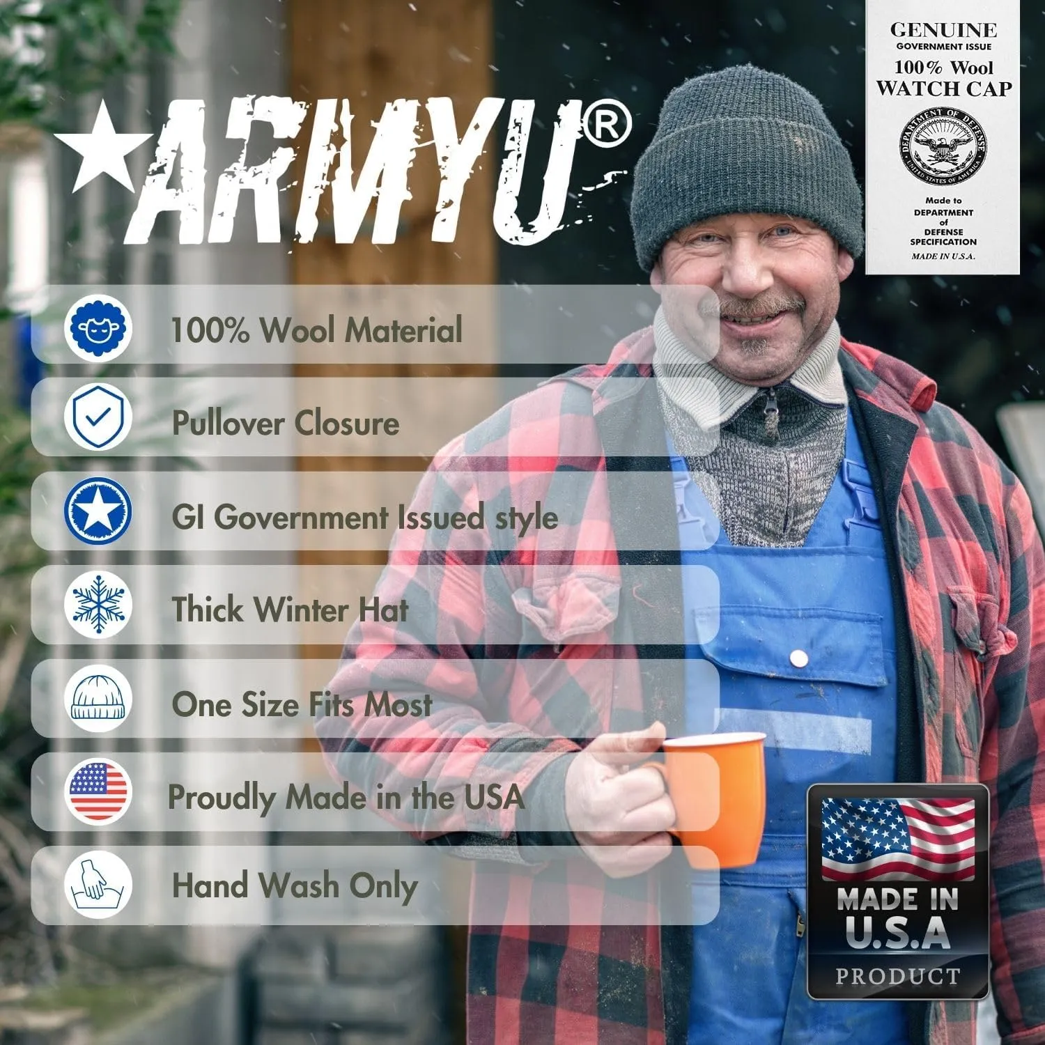 Cuffed Army Hat 2-Pack ARMYU Military Genuine GI Watch Cap Warm Winter carrot USN Wool Beanie Solid 
