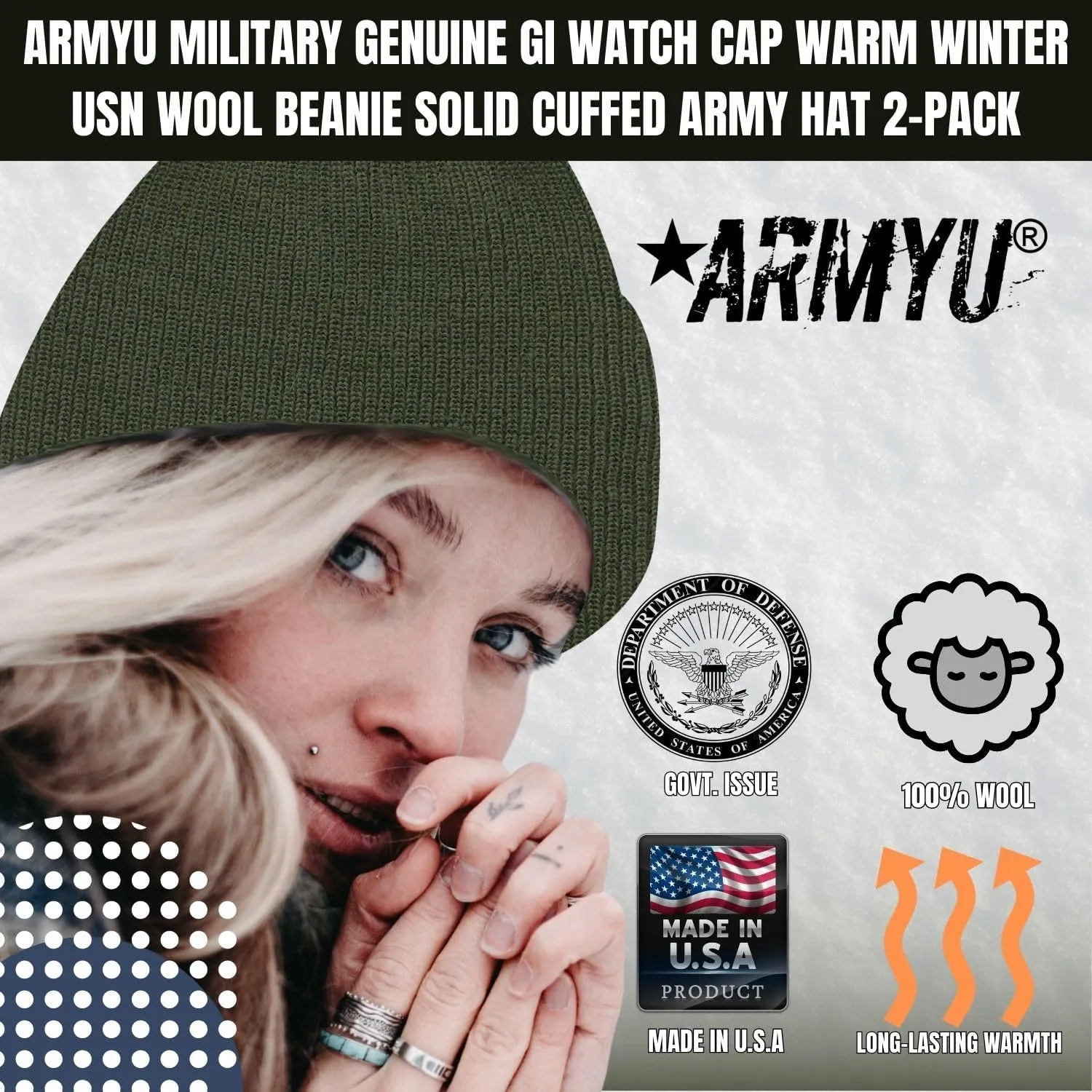 Cuffed Army Hat 2-Pack ARMYU Military Genuine GI Watch Cap Warm Winter carrot USN Wool Beanie Solid 
