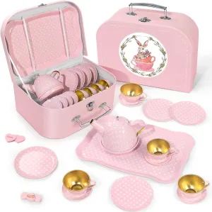 Cups Carrying Case, Toddlers Pretend Role Play Kids Kitchen Toys Birthday Gifts Age 3 4 5 6 Tea Party Set for Little Girls, Princess Tea amino survive troupe Time Toys Including Tin Teapot Set 