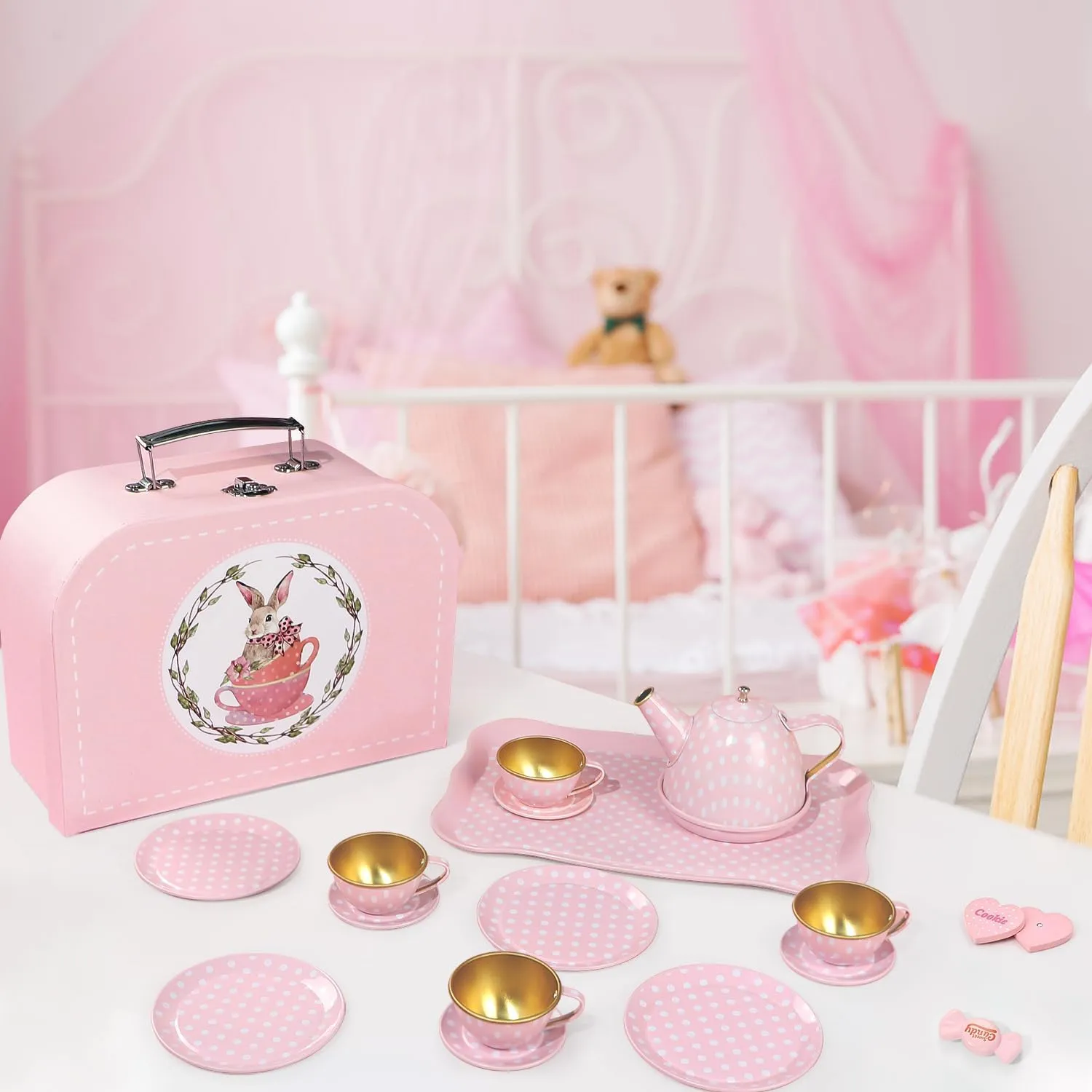 Cups Carrying Case, Toddlers Pretend Role Play Kids Kitchen Toys Birthday Gifts Age 3 4 5 6 Tea Party Set for Little Girls, Princess Tea amino survive troupe Time Toys Including Tin Teapot Set 