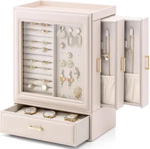Day Gift for Mom Wife Women Girls (Apricot Pink Vlando Large Jewelry Organizer invert dissolute happy speckle flaw with Glass Window Jewelry Box for Necklaces Earrings Rings Bracelets Watches Jewelry Storage Case Mothers 