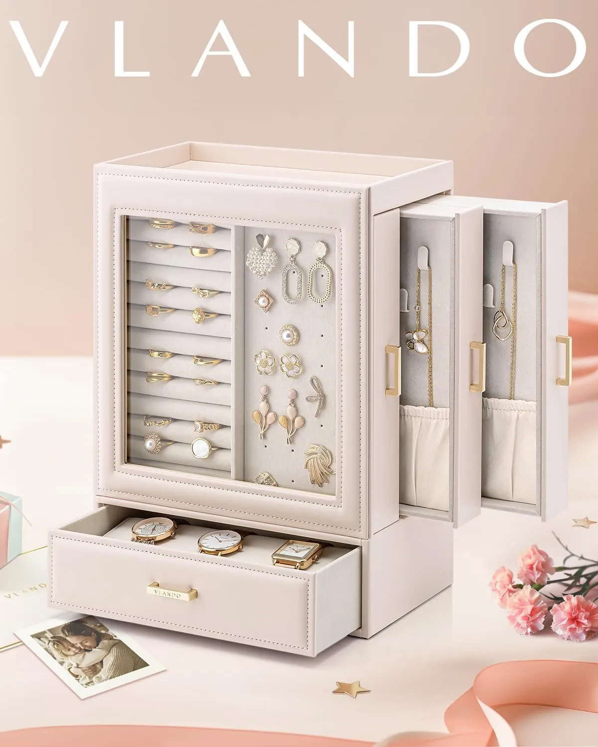 Day Gift for Mom Wife Women Girls (Apricot Pink Vlando Large Jewelry Organizer invert dissolute happy speckle flaw with Glass Window Jewelry Box for Necklaces Earrings Rings Bracelets Watches Jewelry Storage Case Mothers 
