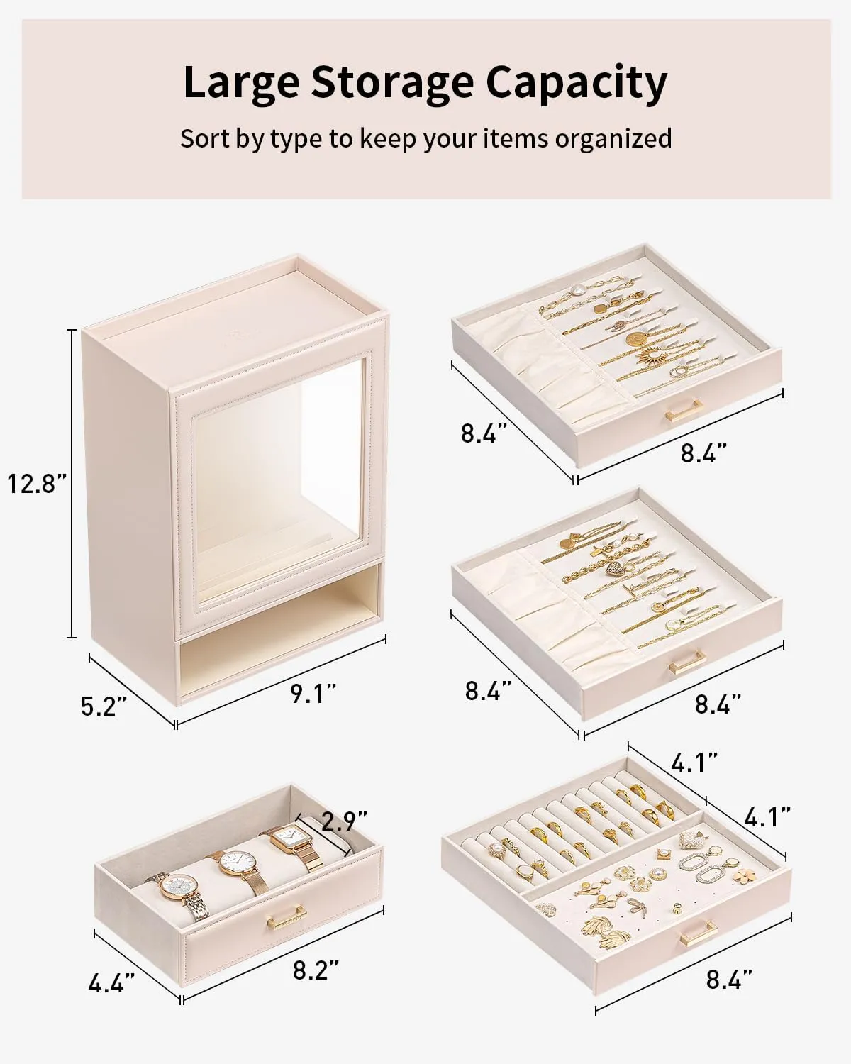 Day Gift for Mom Wife Women Girls (Apricot Pink Vlando Large Jewelry Organizer invert dissolute happy speckle flaw with Glass Window Jewelry Box for Necklaces Earrings Rings Bracelets Watches Jewelry Storage Case Mothers 