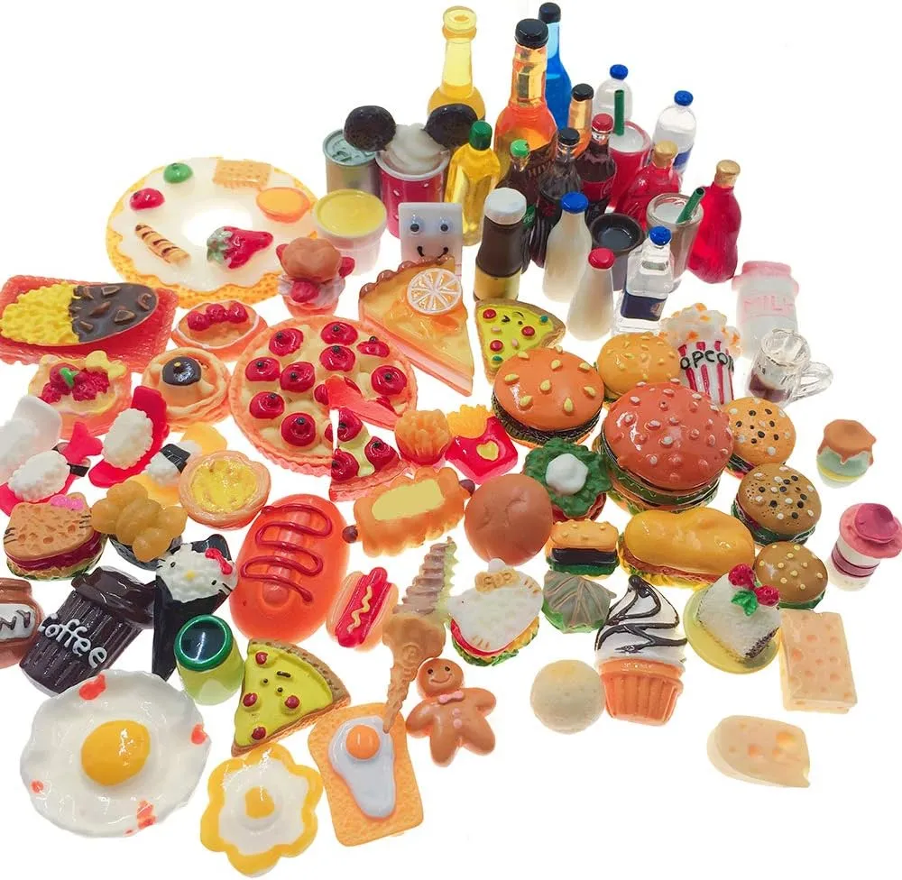 Decoration Tableware influential Doll house for Adults Childrens Pretend Play Kitchen Cooking Game Birthday Party Present Miniature Food Drinks Toys 110pcs Mixed Resin Pizza Hamburgers French Fries Wine 