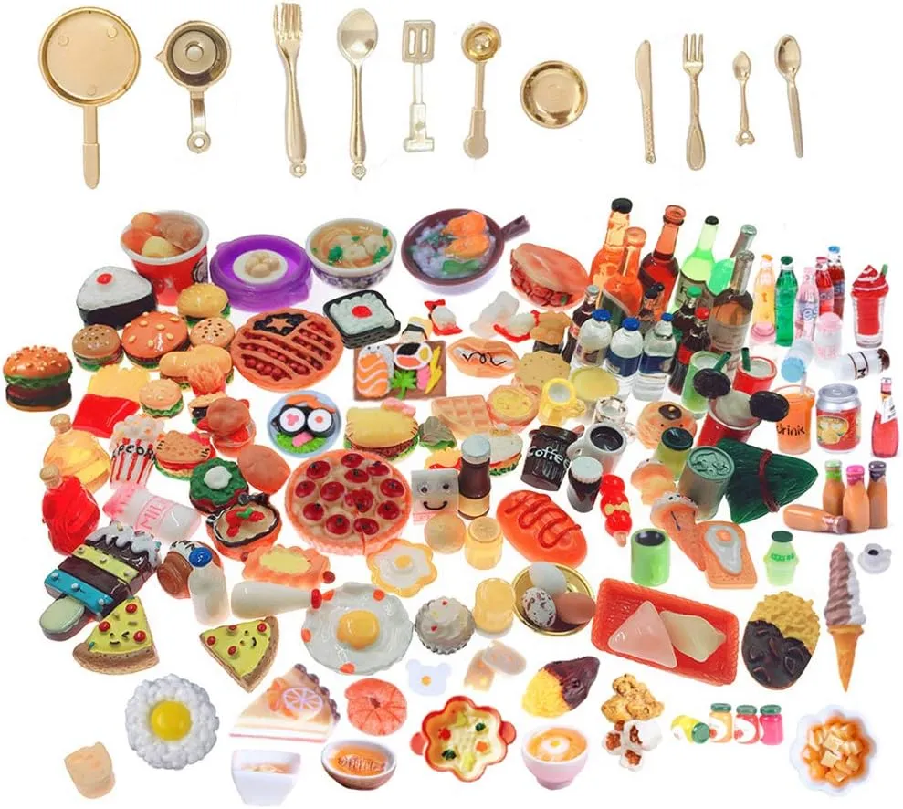 Decoration Tableware influential Doll house for Adults Childrens Pretend Play Kitchen Cooking Game Birthday Party Present Miniature Food Drinks Toys 110pcs Mixed Resin Pizza Hamburgers French Fries Wine 