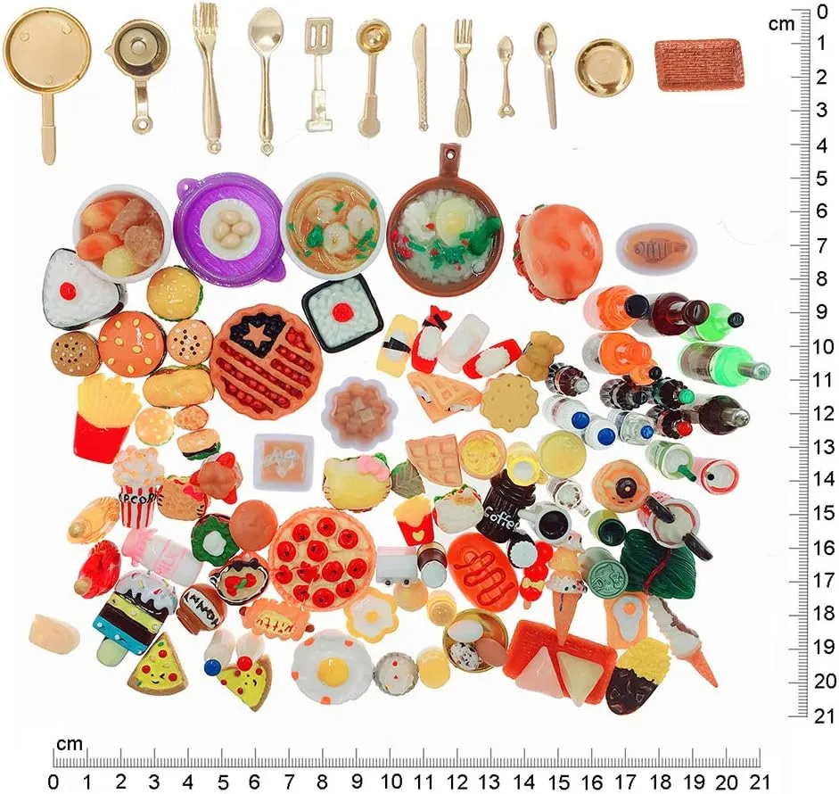 Decoration Tableware influential Doll house for Adults Childrens Pretend Play Kitchen Cooking Game Birthday Party Present Miniature Food Drinks Toys 110pcs Mixed Resin Pizza Hamburgers French Fries Wine 