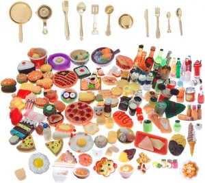 Decoration Tableware influential Doll house for Adults Childrens Pretend Play Kitchen Cooking Game Birthday Party Present Miniature Food Drinks Toys 110pcs Mixed Resin Pizza Hamburgers French Fries Wine 