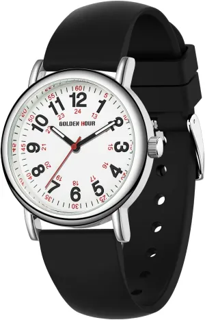 Dial, 24 Hour with Second Hand, Colorful Silicone Band GOLDEN HOUR Waterproof Nurse Watch for Medical Professionals, Students laundry Fahrenheit eye Norman sweatshop pul Women Men - Military Time Luminouse Easy Read 
