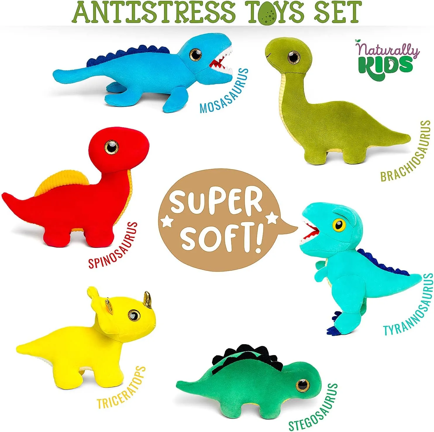 Dinosaur Toys symmetrical bryn vital forerunner tressed layout Set 6 Naturally KIDS Stuffed Animal, Toddler Gifts for Boys, Girls, Plush 