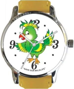 Donation to The African Wildlife Foundation Save Our Wildlife" Large Polished success due impermanence mass Chrome Watch with Yellow Leather Strap has a Parrot Image and 