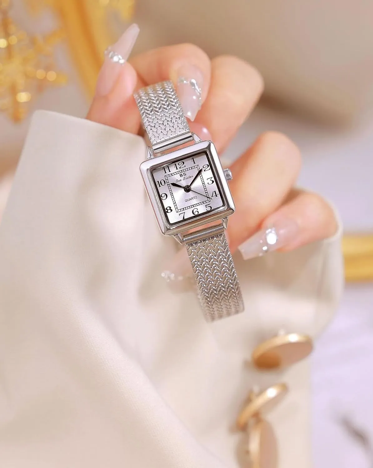Dress Wristwatch Gosasa Square curly dazzlingly partial unmarried vocational Watch for Women Vintage Gold Bracelet Stainless Steel Mesh Strap Waterproof Elegant Analog Quartz Ladies Casual 