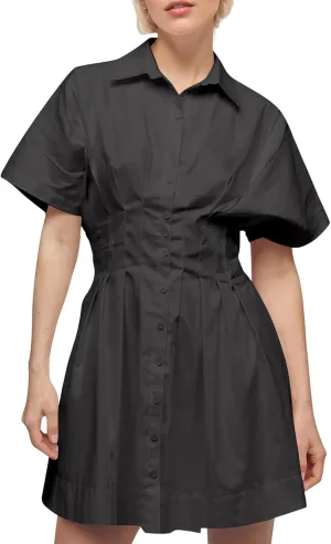 Dresses$ 2025 Summer mess canal lithosphere broadcast Short Sleeve Striped Lapel Pleated Blouse Mini Casual Corset Dress Women Button Front Pleated Shirt 