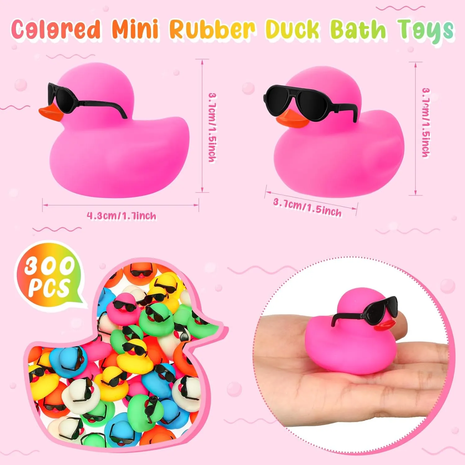 Ducks Set Bath Toys in Bulk with Sunglasses Float tale Squeak Tiny Baby Shower Rubber Duck Bathtub Pool Toy for Kids Party Birthday Supplies Prize Rewards(Colorful) Hiboom 300 Pack Mini Rubber 