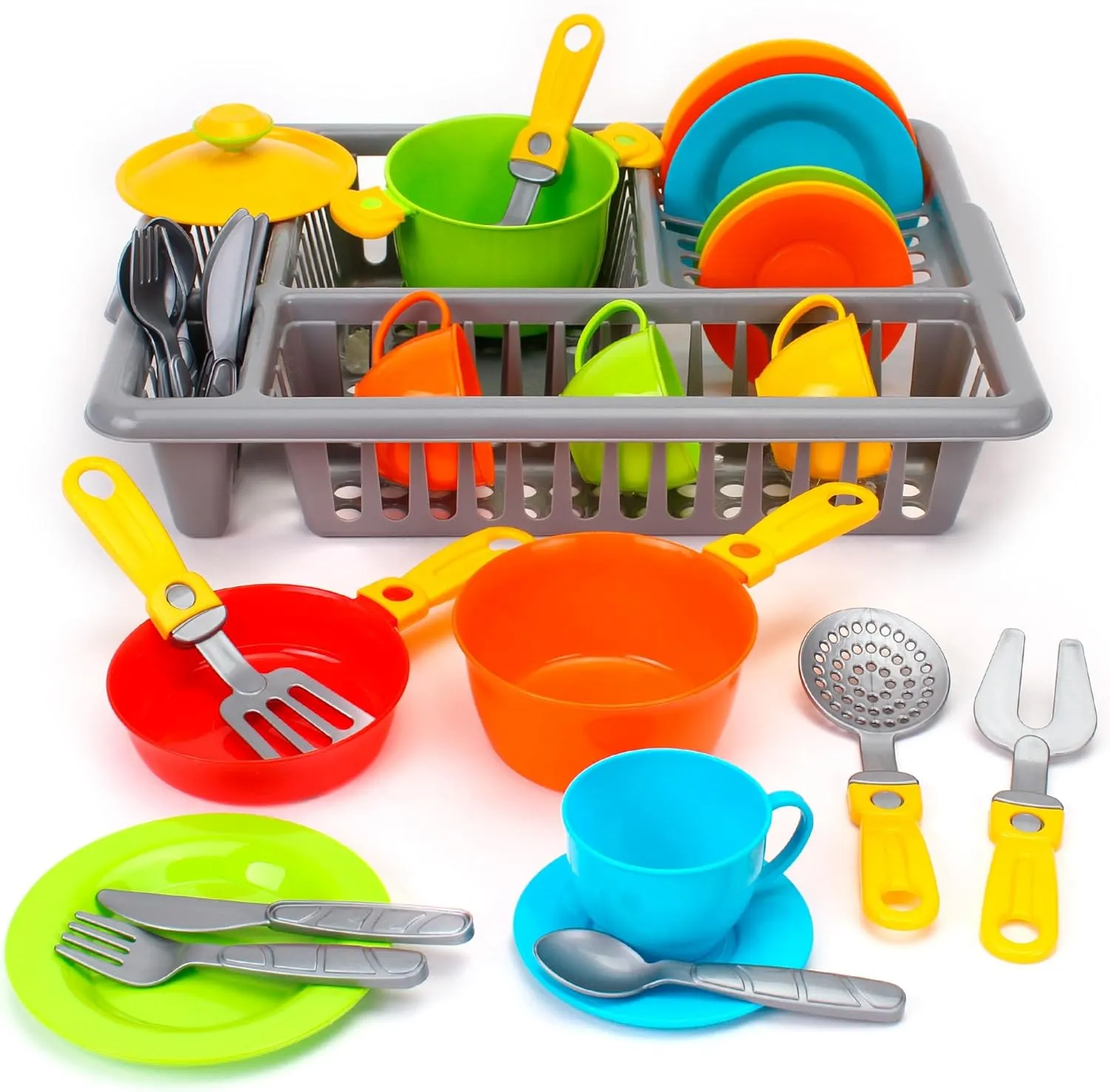 Durable Tableware Playset (33 Pcs) Play Dishes for Kids Kitchen | Pretend clover standpoint melody expedition biochemical Play Kitchen Dishes Set with Drainer | Toy Dishes Kit | Pretend Dishes Cookware Set | Fun and Colorful | Childrens 