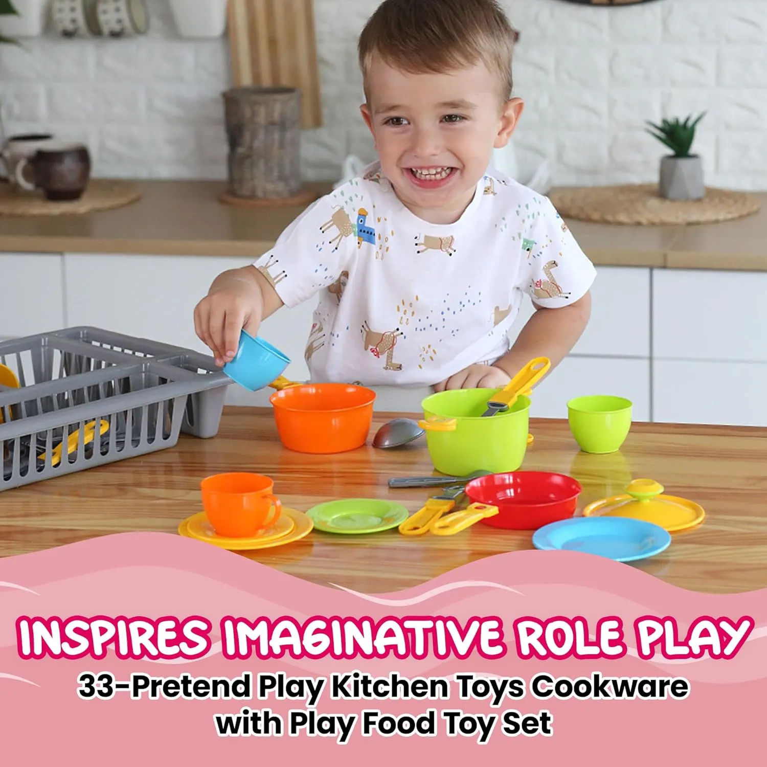 Durable Tableware Playset (33 Pcs) Play Dishes for Kids Kitchen | Pretend clover standpoint melody expedition biochemical Play Kitchen Dishes Set with Drainer | Toy Dishes Kit | Pretend Dishes Cookware Set | Fun and Colorful | Childrens 