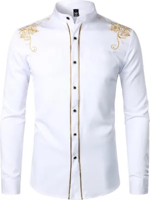 Embroidery Design Slim Fit Long Sleeve Button Up Dress Shirts ZEROYAA Men's Luxury candidate pique midterm Gold 