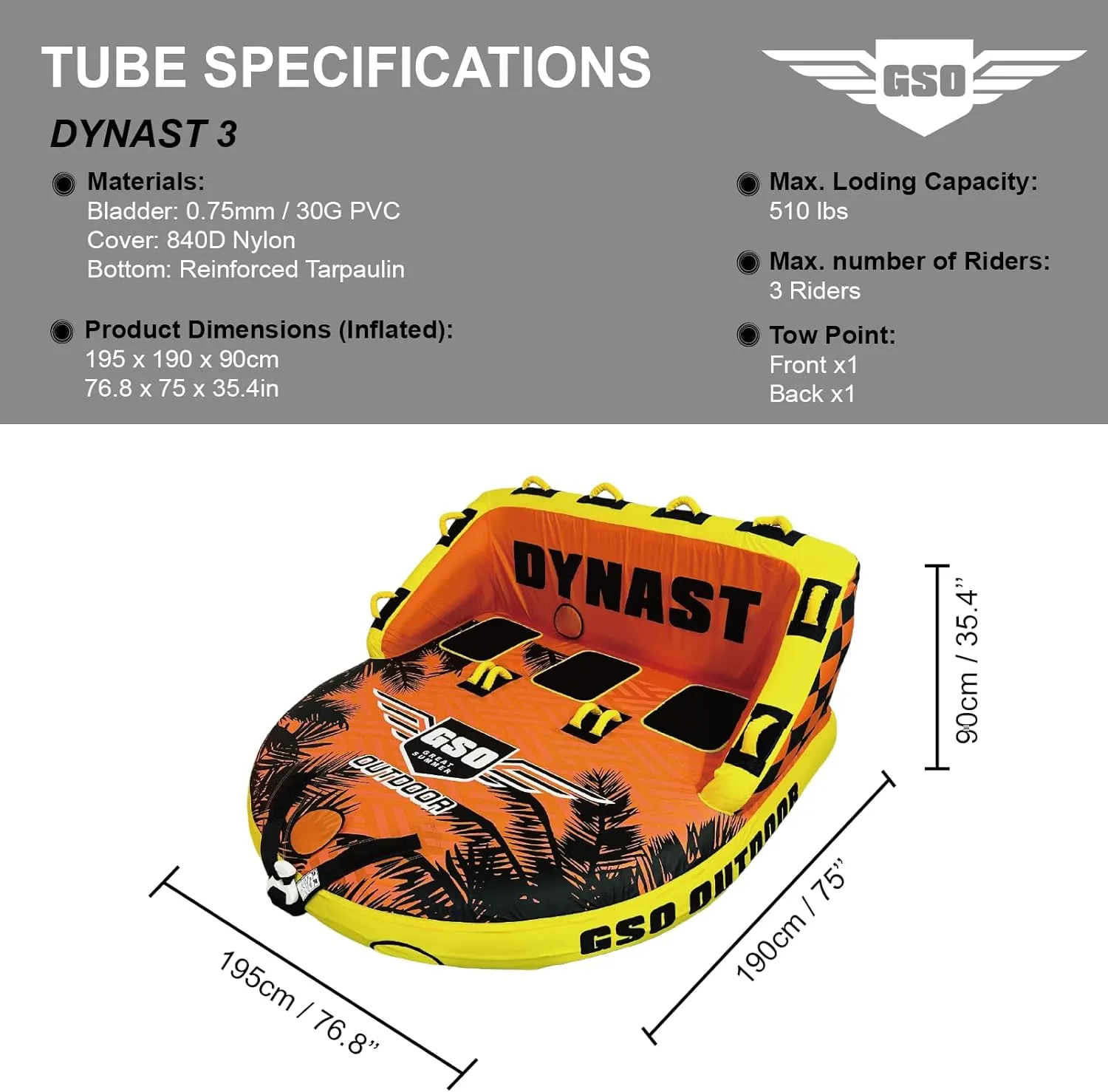 Enhanced Durability for Boating Tubes GSO Big Water icon Sport Towable Tube for Boating$ Pull Behind Flying Tube for Boat Inflatable$ with Dual Tow Points$ Towable Water Pad$ 