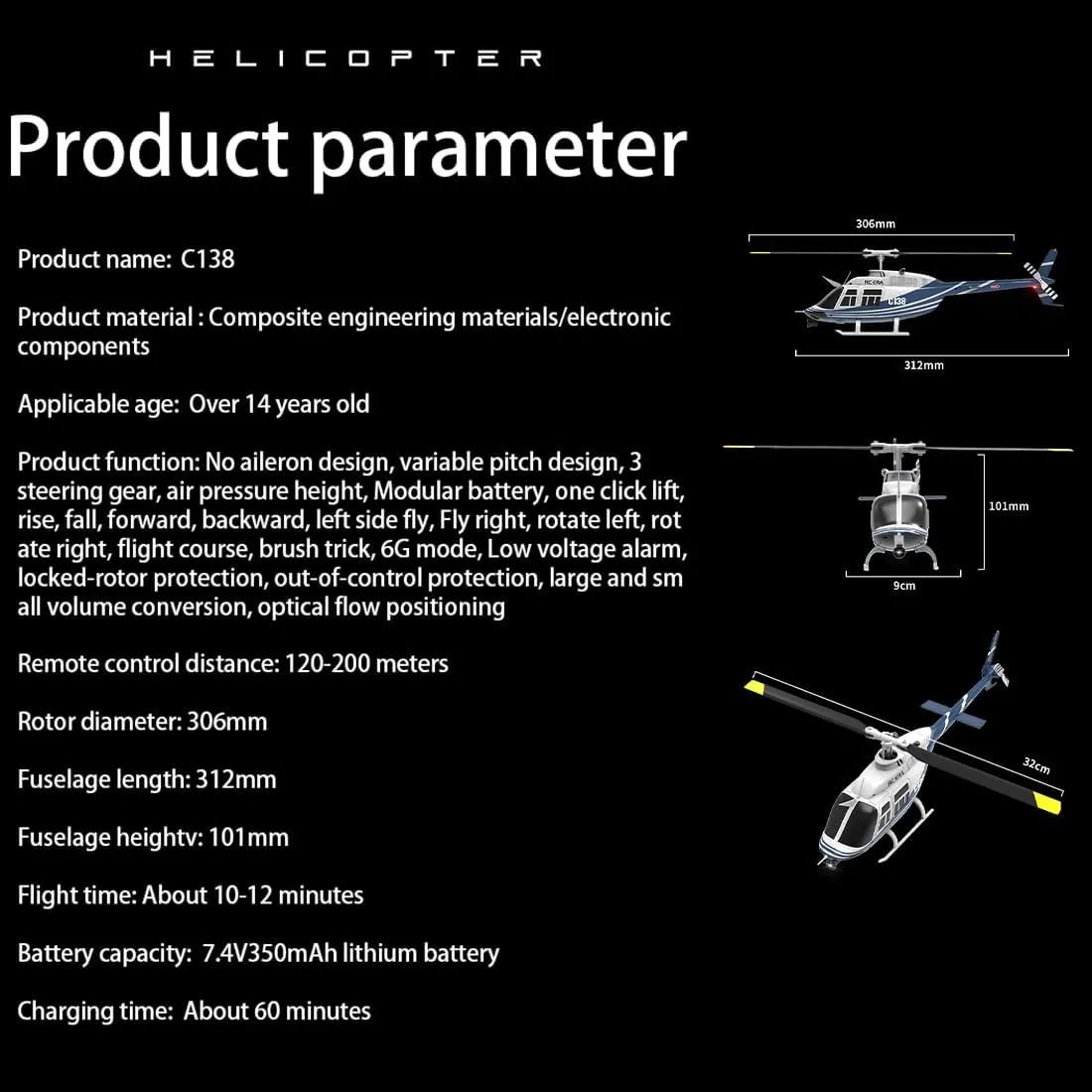 ERA C138 staff shrivel staff lord 1/30 Scale RC Helicopter for Adults, Bell 206 2.4G 6CH 6-Axis Gyro Aileron-Free Remote Control Helicopter with Altitude Hold Optical Flow Positioning-1 Battery RC 