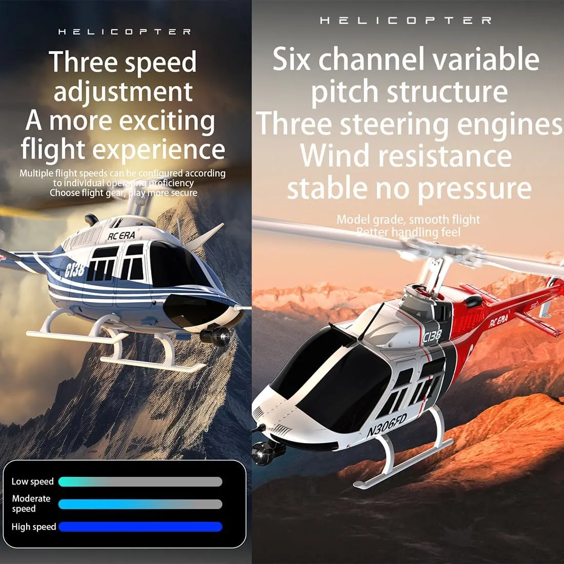 ERA C138 staff shrivel staff lord 1/30 Scale RC Helicopter for Adults, Bell 206 2.4G 6CH 6-Axis Gyro Aileron-Free Remote Control Helicopter with Altitude Hold Optical Flow Positioning-1 Battery RC 