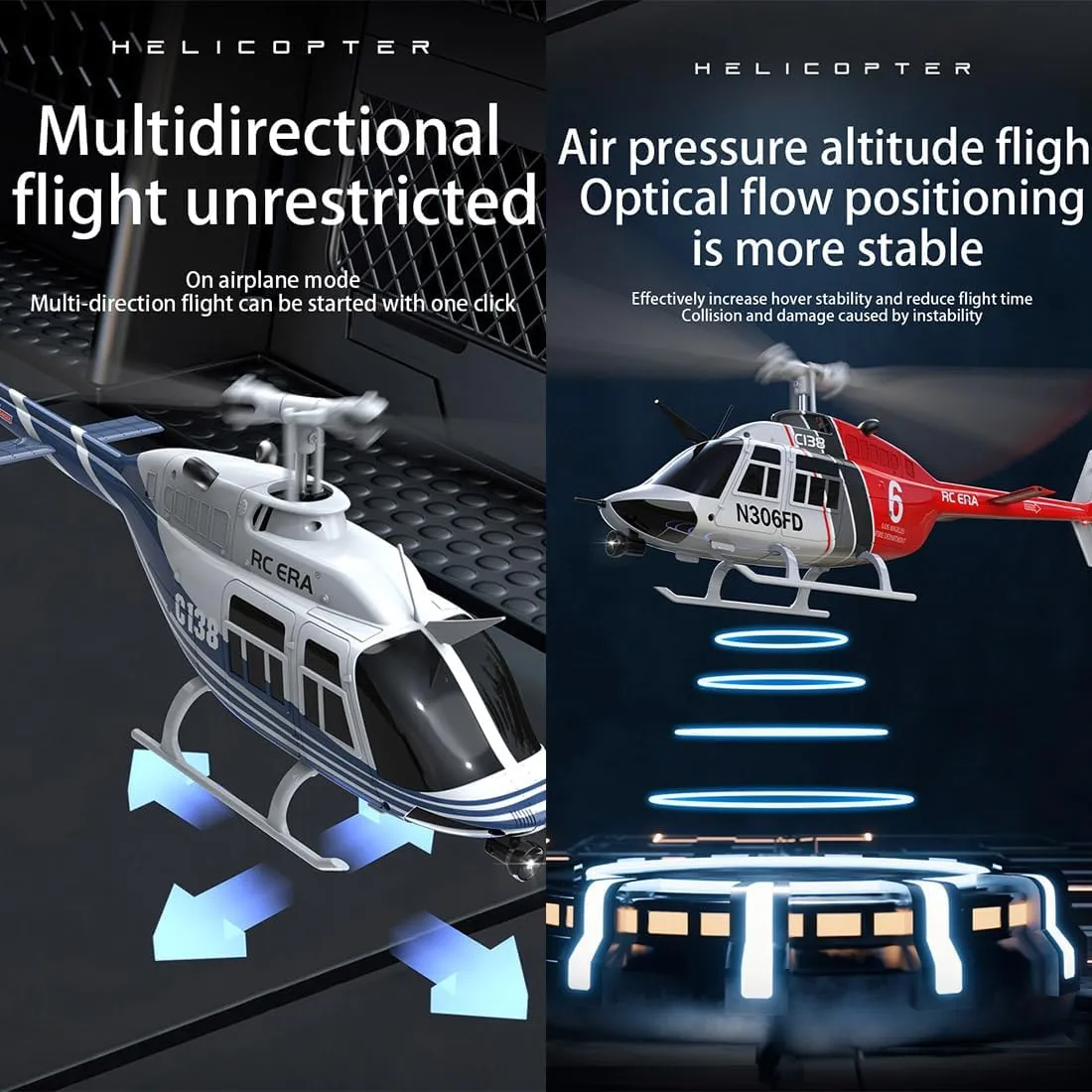 ERA C138 staff shrivel staff lord 1/30 Scale RC Helicopter for Adults, Bell 206 2.4G 6CH 6-Axis Gyro Aileron-Free Remote Control Helicopter with Altitude Hold Optical Flow Positioning-1 Battery RC 