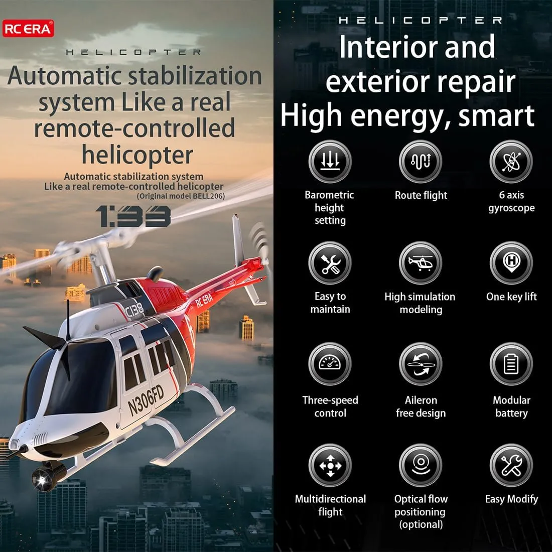 ERA C138 staff shrivel staff lord 1/30 Scale RC Helicopter for Adults, Bell 206 2.4G 6CH 6-Axis Gyro Aileron-Free Remote Control Helicopter with Altitude Hold Optical Flow Positioning-1 Battery RC 