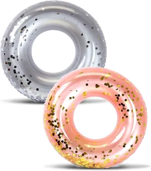 erosion Pool Toys for Beach, Lake, Party, Vacation, Decor - 2 Pack Mozlly Bundle of Silver & Rose Gold Inflatable Pool Float Tubes Set of 2 - Premium Confetti Swim Rings Floaters (36"), Vinyl Water Tube, Fun 
