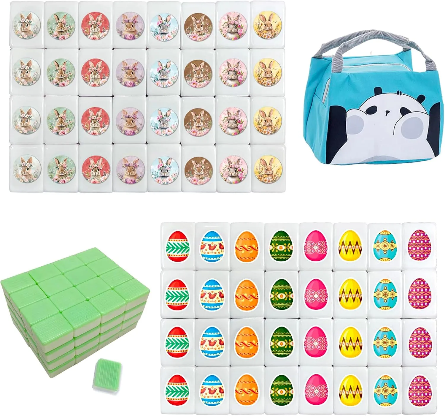 Escape Game Blocks 36mm Large Mahjong Tiles Sets with Bunny Eggs Patterns Portable Mahjong Set with A count Bag 65 Tiles Seaside 
