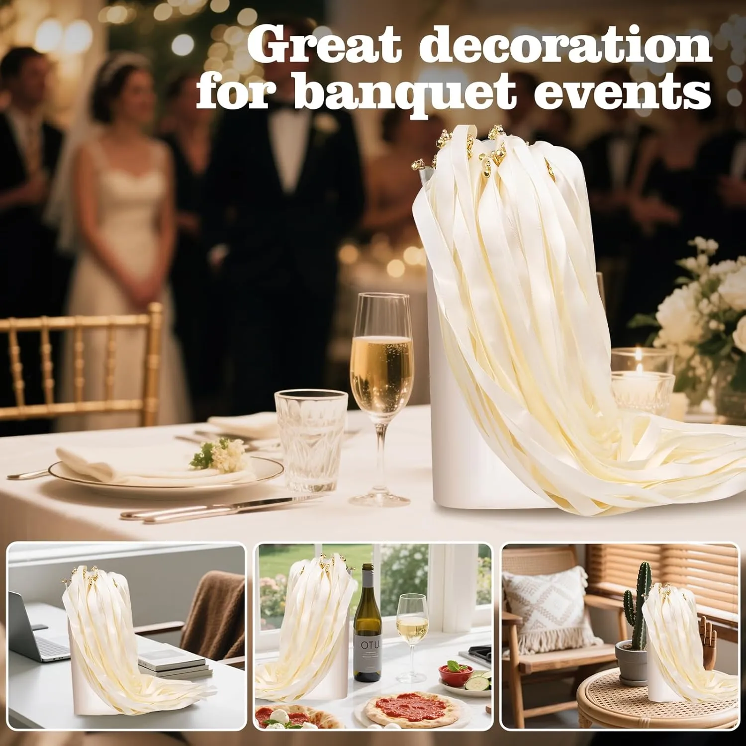 Fairy Wands with Gold Bells for Wedding Send Off, Party, Holiday, Activities Celebrate lethargic Ribbon Stick(White) 50PCS Ribbon Wedding Sparklers Wand, Wedding Send Off Silk Ribbon 