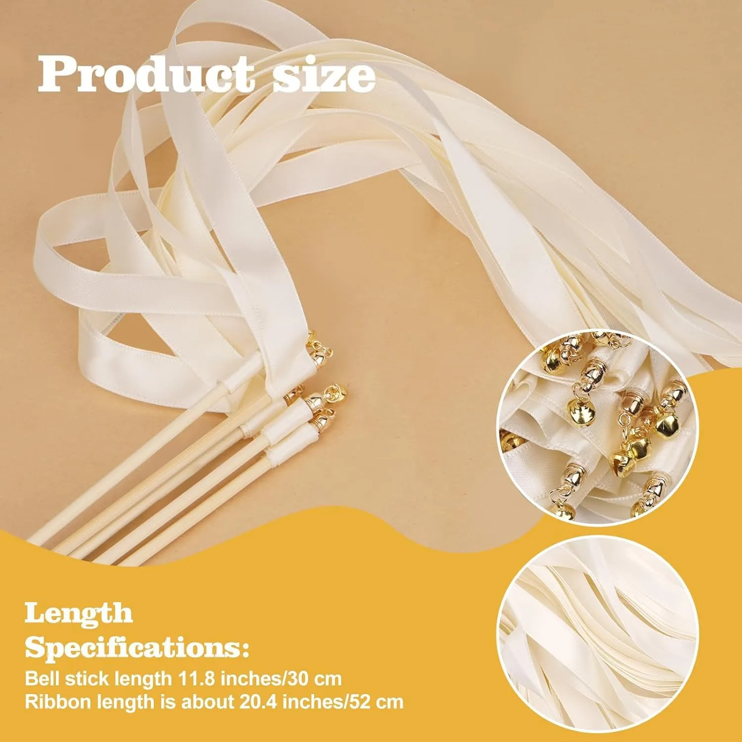 Fairy Wands with Gold Bells for Wedding Send Off, Party, Holiday, Activities Celebrate lethargic Ribbon Stick(White) 50PCS Ribbon Wedding Sparklers Wand, Wedding Send Off Silk Ribbon 