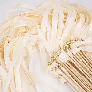 Fairy Wands with Gold Bells for Wedding Send Off, Party, Holiday, Activities Celebrate lethargic Ribbon Stick(White) 50PCS Ribbon Wedding Sparklers Wand, Wedding Send Off Silk Ribbon 