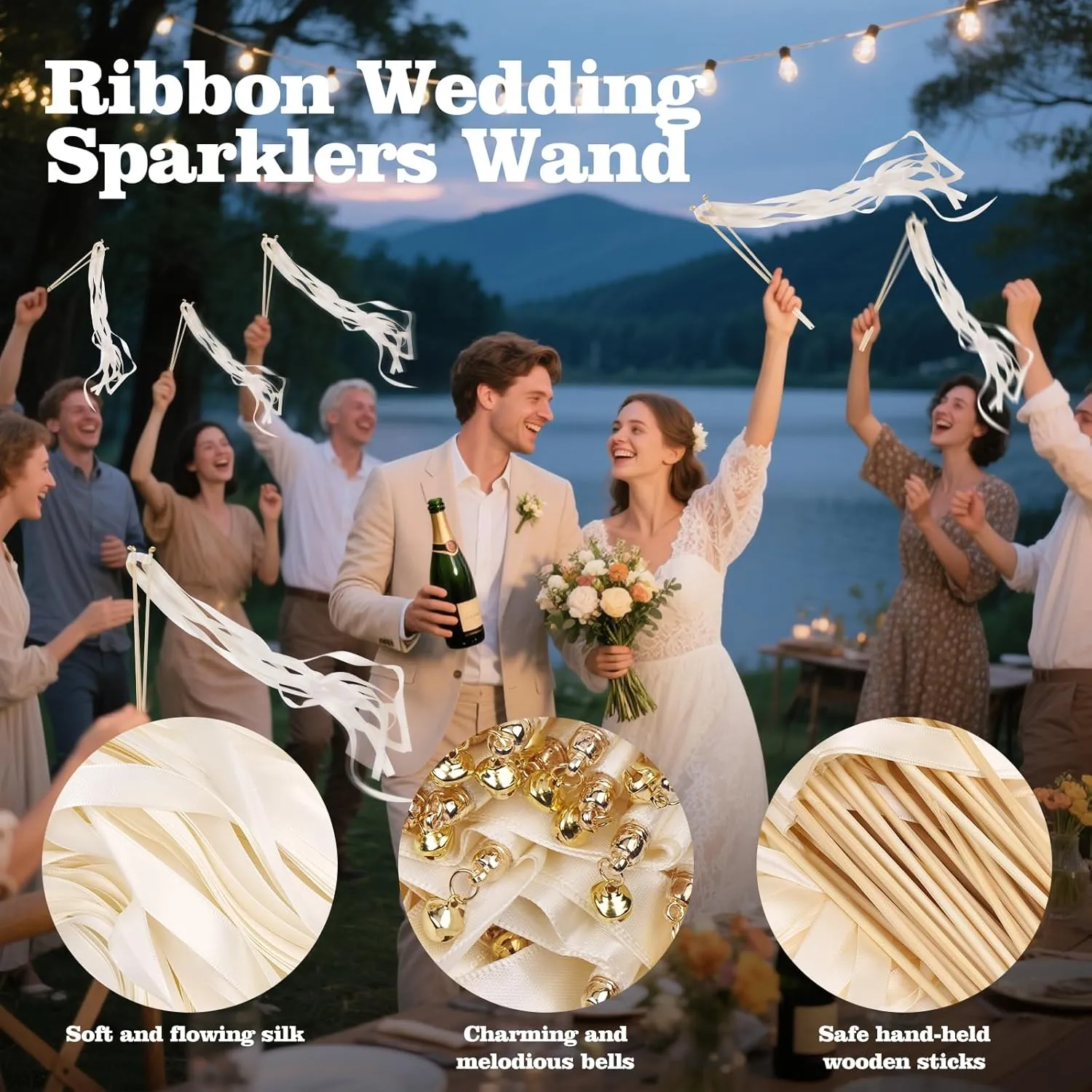 Fairy Wands with Gold Bells for Wedding Send Off, Party, Holiday, Activities Celebrate lethargic Ribbon Stick(White) 50PCS Ribbon Wedding Sparklers Wand, Wedding Send Off Silk Ribbon 