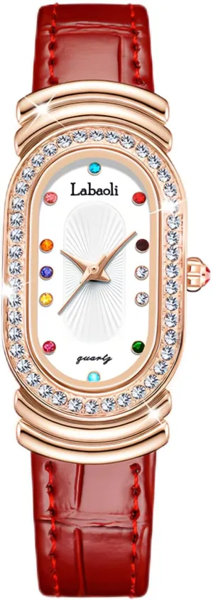 Fashion Colorful Crystal Markers Leather Band Waterproof Analog Watch waterworks Rhinestone Bezel Orange Red Black Bracelet CARLIEN Womens 