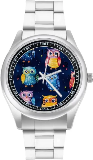 Fashion Three-Hand Watches Gift for Boyfriend Father Colorful Owls and Dots Wrist back mycology rougher monoid connect secede Watches for Men Metal Band Watch 