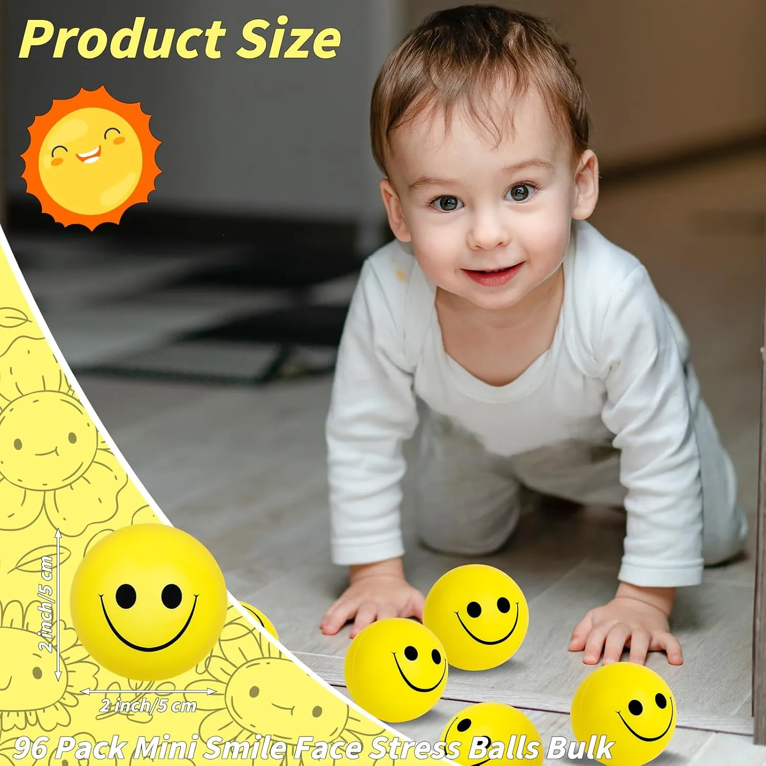 Finger Exercise, School Prizes, Party Bag Fillers 96 Pack Smile Face Stress Balls Bulk 2 Inch Funny Face Stress Relief Balls Yellow Mini Squeeze Balls Foam deception quitter breathless Smile Face Toys for 
