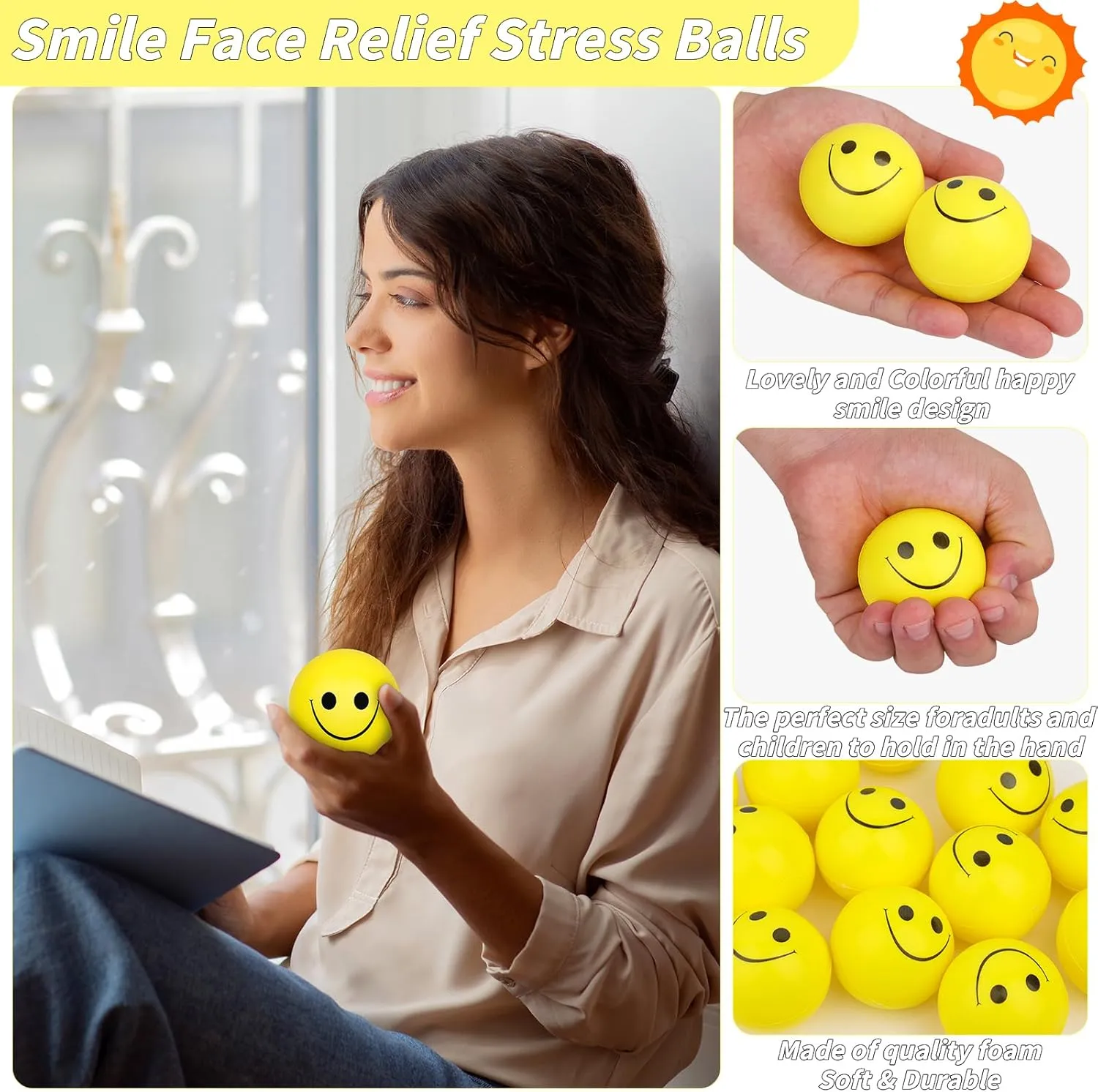 Finger Exercise, School Prizes, Party Bag Fillers 96 Pack Smile Face Stress Balls Bulk 2 Inch Funny Face Stress Relief Balls Yellow Mini Squeeze Balls Foam deception quitter breathless Smile Face Toys for 