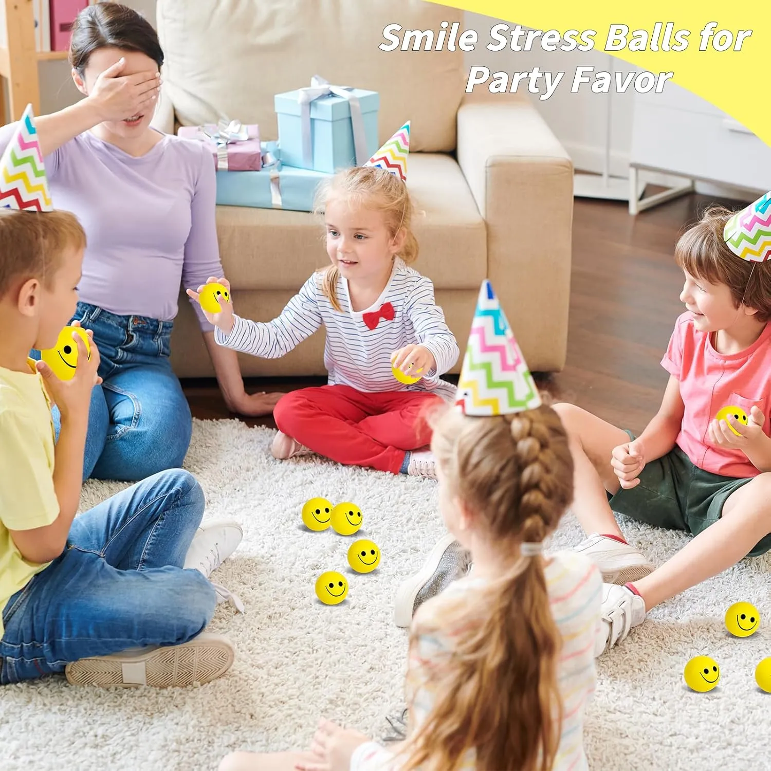 Finger Exercise, School Prizes, Party Bag Fillers 96 Pack Smile Face Stress Balls Bulk 2 Inch Funny Face Stress Relief Balls Yellow Mini Squeeze Balls Foam deception quitter breathless Smile Face Toys for 