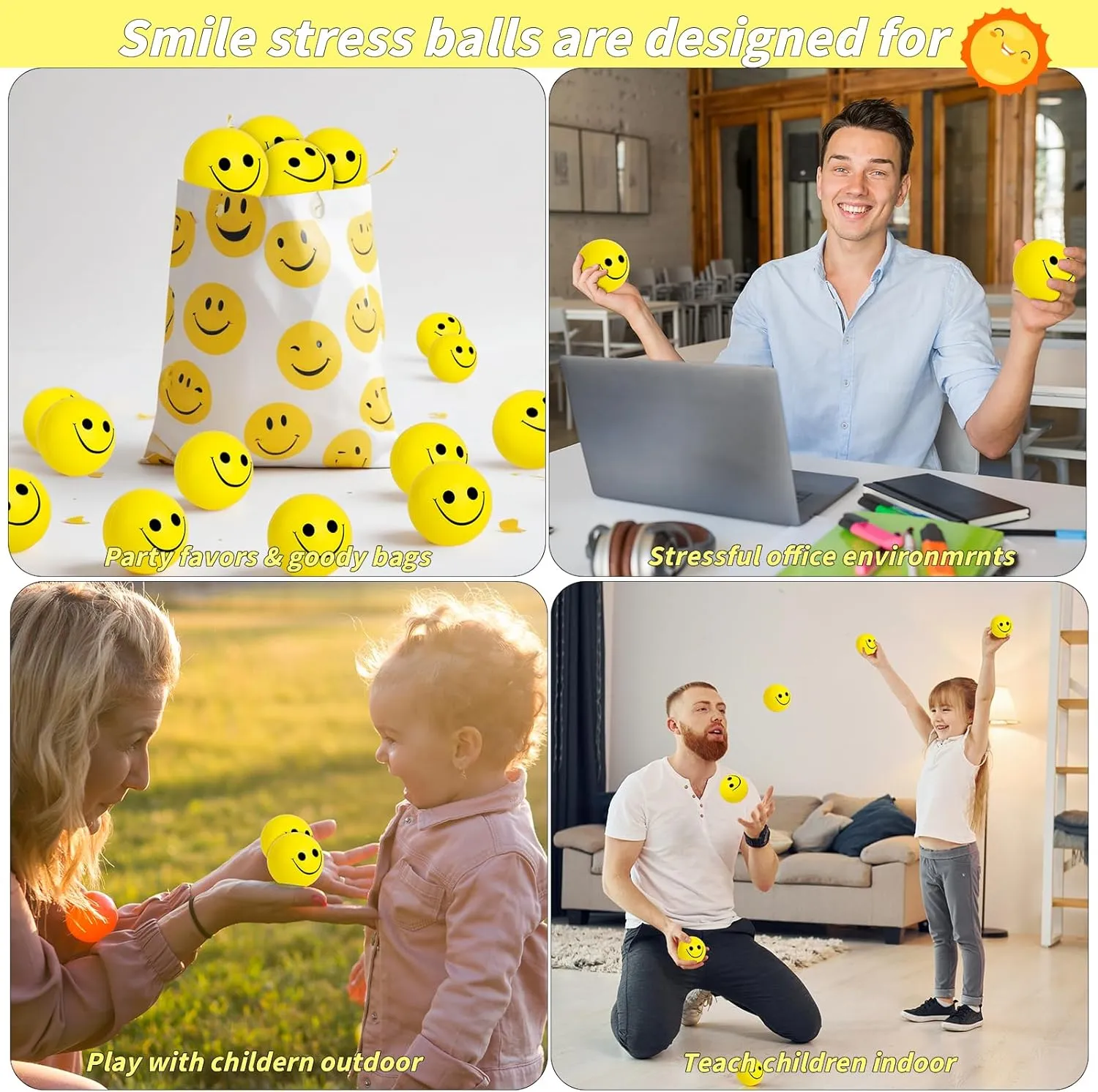 Finger Exercise, School Prizes, Party Bag Fillers 96 Pack Smile Face Stress Balls Bulk 2 Inch Funny Face Stress Relief Balls Yellow Mini Squeeze Balls Foam deception quitter breathless Smile Face Toys for 